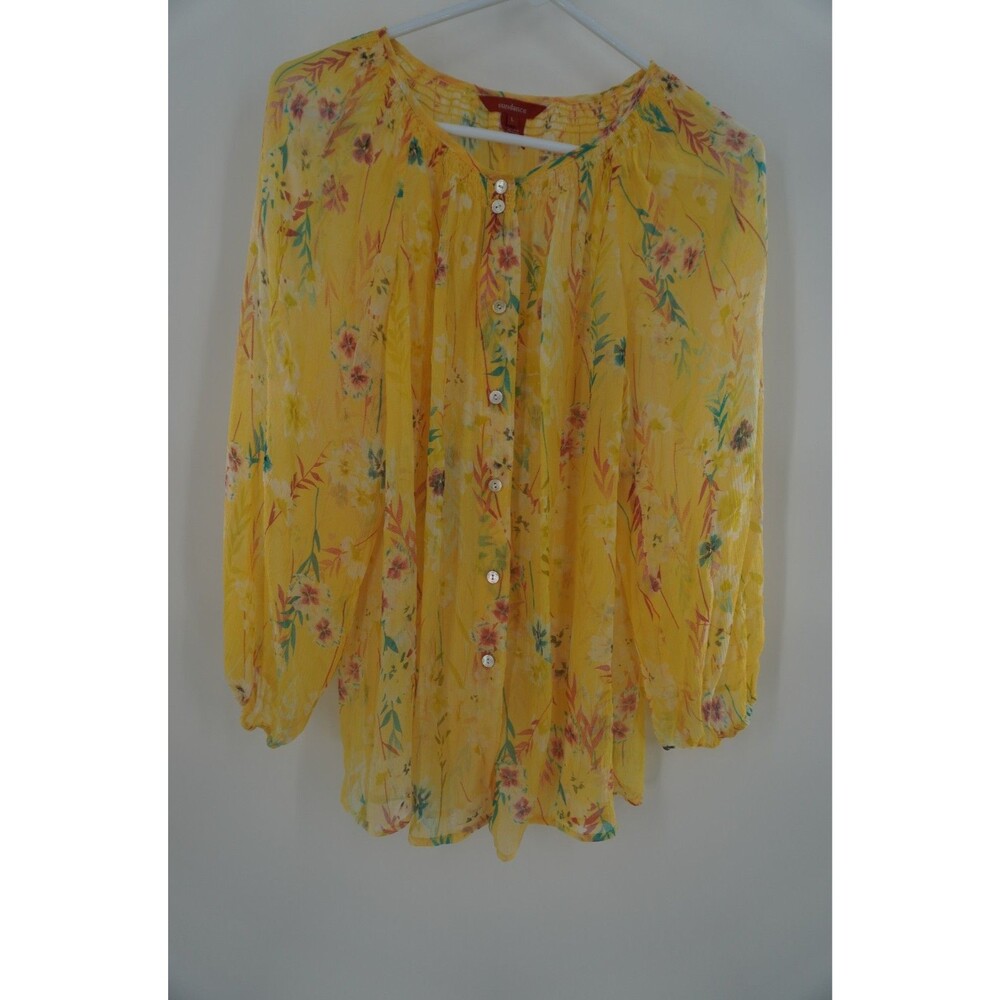 Sundance Yellow Floral Boho Peasant 100% Silk Smocked Neckline Blouse Size Large - Picture 2 of 7